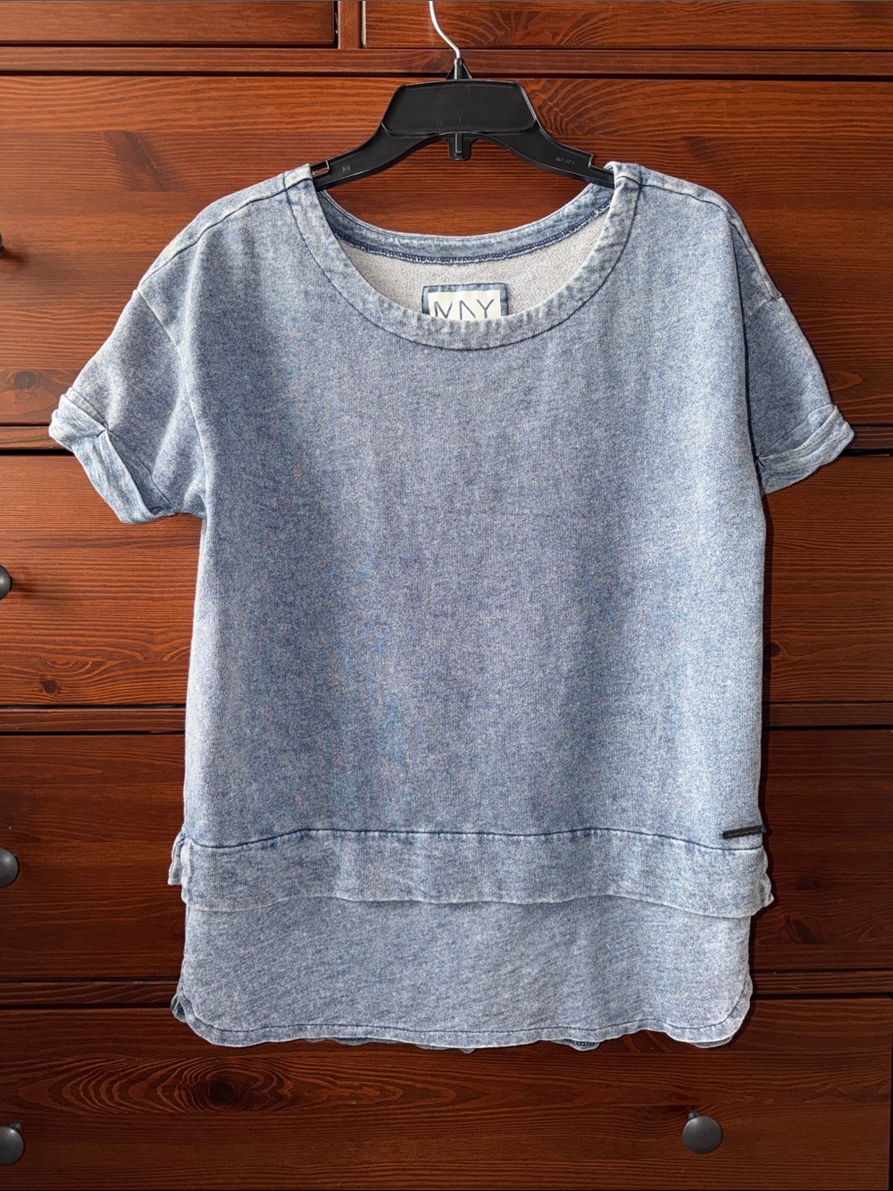 Marc New York Heathered Blue Denim Look Layered-Hem Short Sleeve Tunic Blouse